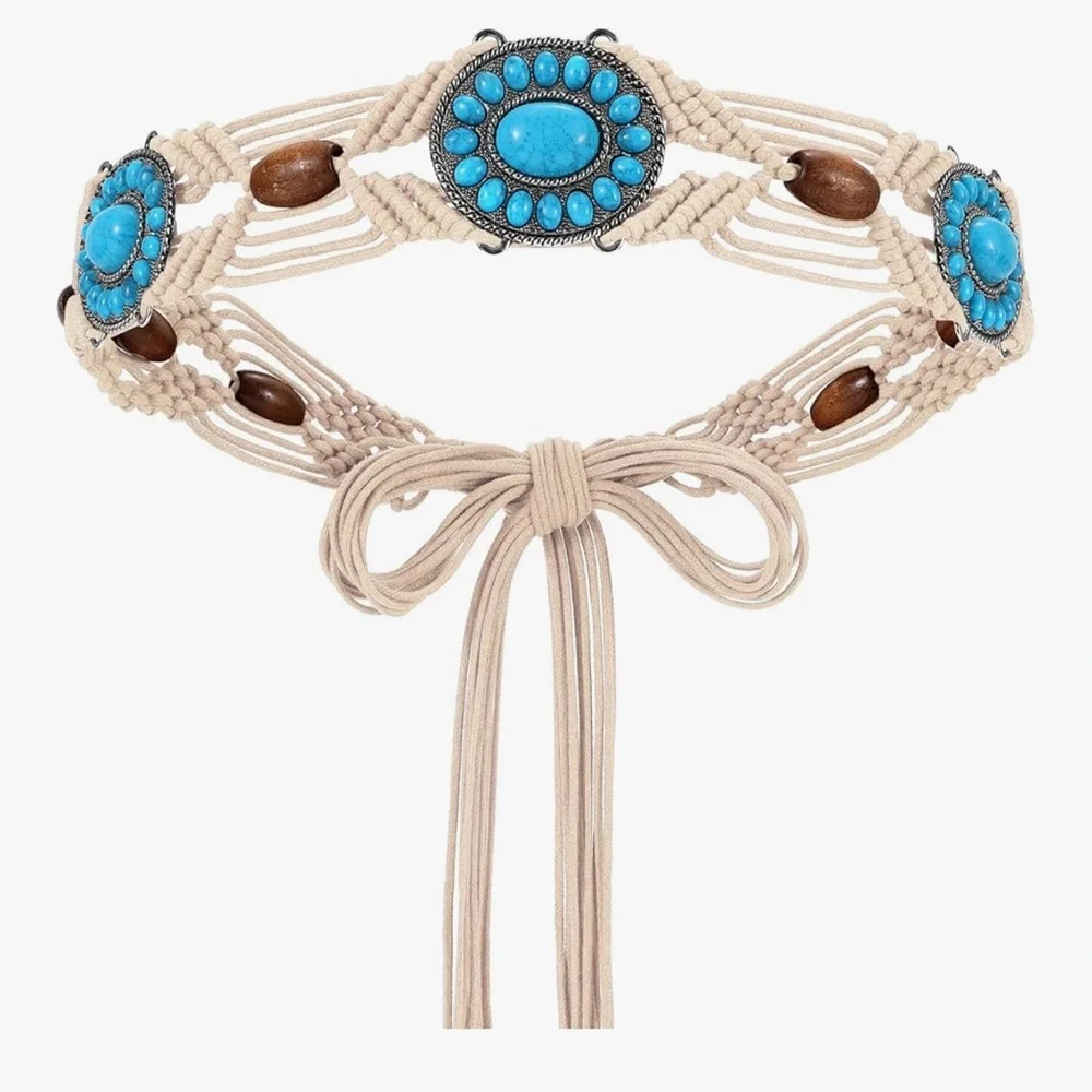 🆕 Boho Braided Belt for Women Hand-Woven Wax Rope & Turquoise Belt Western